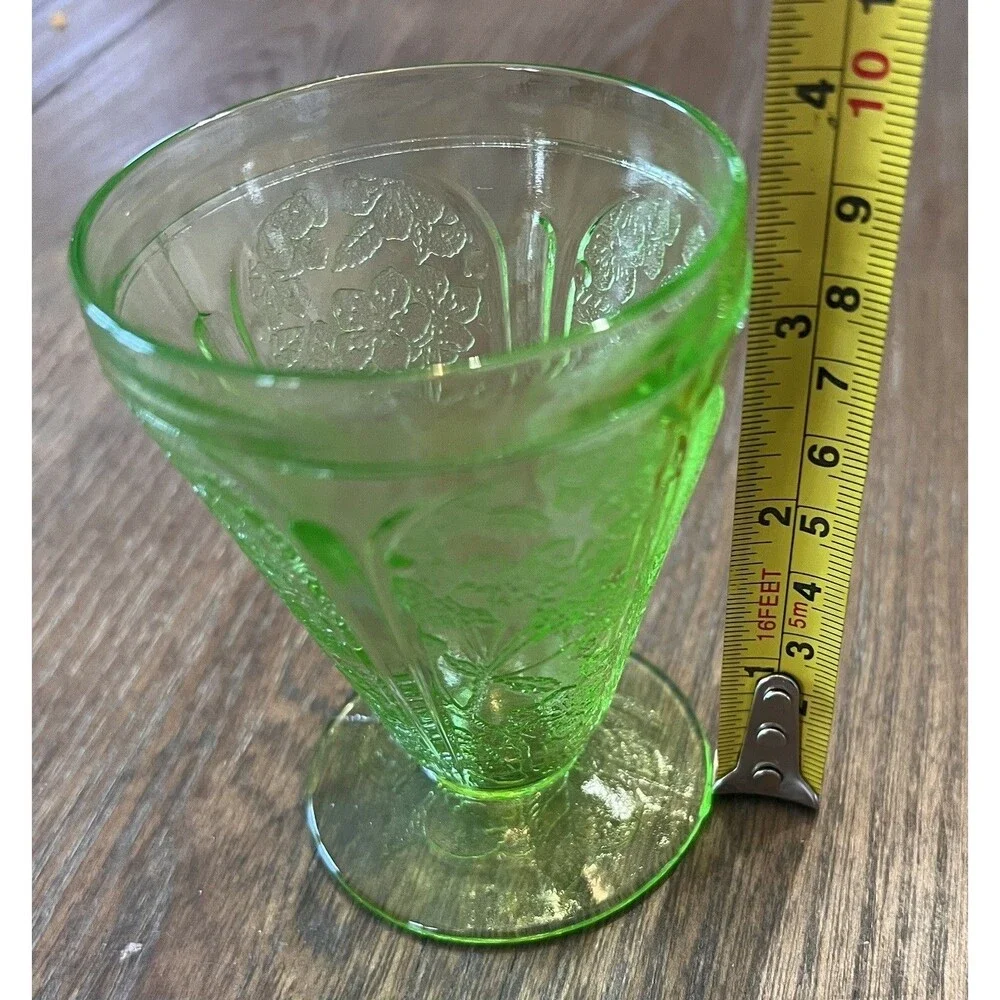 Vintage Jeannette Cherry Blossom Vaseline Glass Juice Tumbler 4 oz Green Uranium - Picture 4 of 5